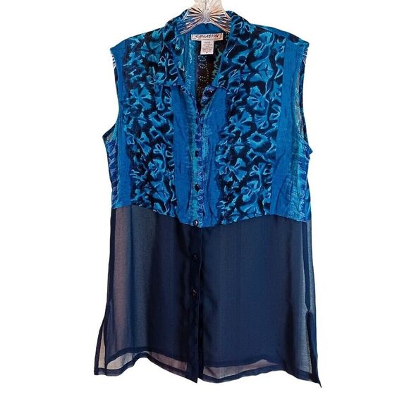 Equation Button Up Semi Sheer Button Up Navy Blue Black Women's Size Medium - Picture 1 of 8